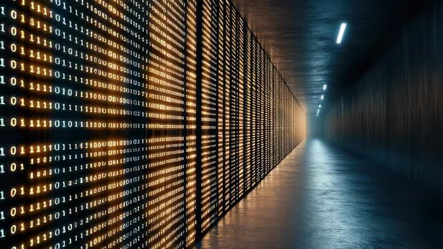 Illuminated digital corridor featuring binary code, showcasing futuristic technology and design