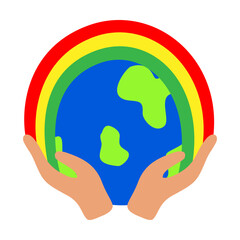 Hands Holding Earth Globe with Rainbow Flat Vector Illustration