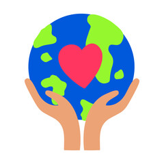 Hands Supporting Earth Globe with Heart Flat Vector Illustration