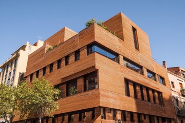 Fototapeta premium Modern brick building with greenery in urban setting, showcasing contemporary architecture and innovative design features in bright daylight