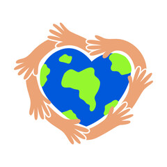 Multiple Hands Hugging Earth Heart Shape Flat Vector Illustration