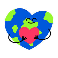 Cute Earth Heart Character Hugging Love Symbol Flat Vector Illustration
