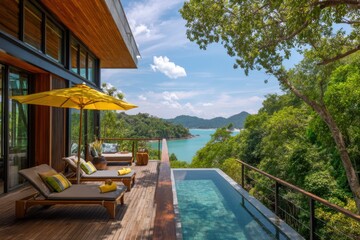 Fototapeta premium Scenic view from a luxury villa overlooking tranquil waters with a private pool surrounded by lush greenery during a sunny day