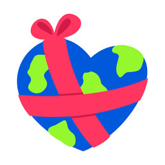 Earth Globe Heart Shape with Gift Ribbon Flat Vector Illustration