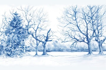 Fototapeta premium Vintage drawing winter illustrated outdoors sketch.