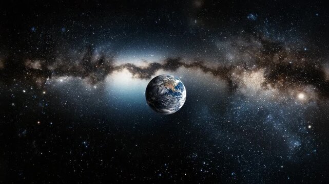 Camera slowly pulls back from planet Earth, revealing brilliant blue oceans and swirling white clouds against infinite starfield filled with distant galaxies and cosmic dust.