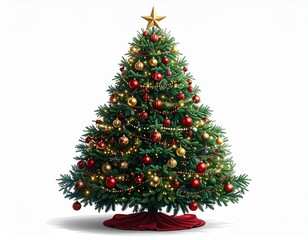 Fototapeta premium Elegant Christmas Tree with Gold Star, Ribbon Garlands, and Red-Gold Baubles