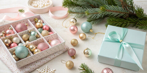 Open pastel pink gift box on white textured surface surrounded by colorful Christmas ornaments, fir branches, and wrapped present with light teal ribbon for holiday design use.