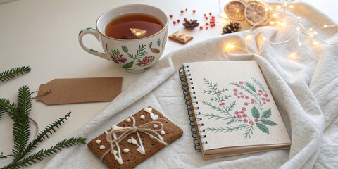Open spiral notebook on table surrounded by Christmas decorations, tea cup, pen and gift box inviting to write New Year resolutions or Christmas list for seasonal projects.