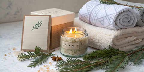 Cozy Christmas wellness setting with burning candle, bath salts, rolled white towel, gift box tied with twine and pine branches designed for festive relaxation or holiday marketing.