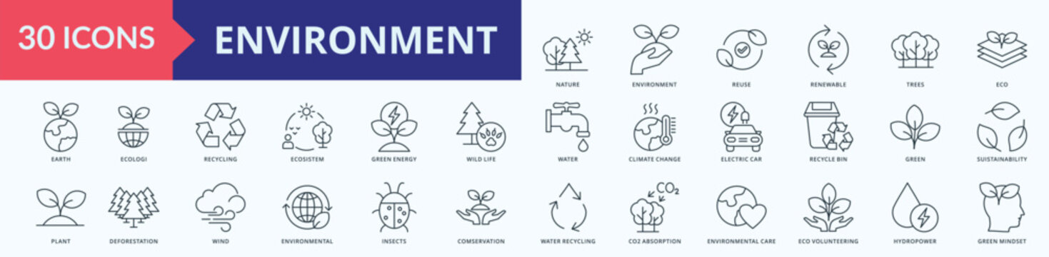 Environment icon collection set with nature, environment, reuse, renewable, trees, eco, earth