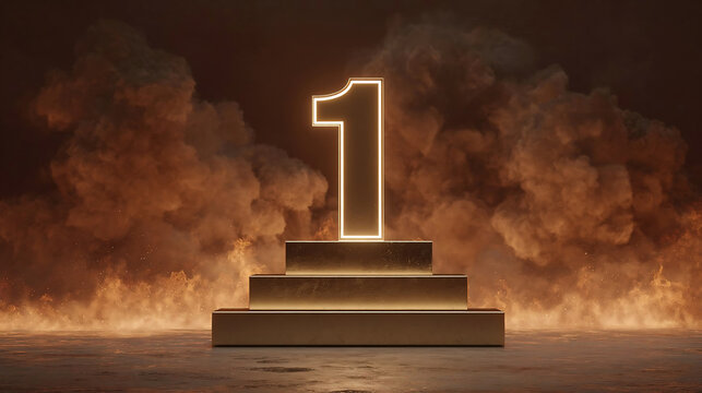 Glowing Number One on Tiered Podium with Dramatic Fiery Backdrop