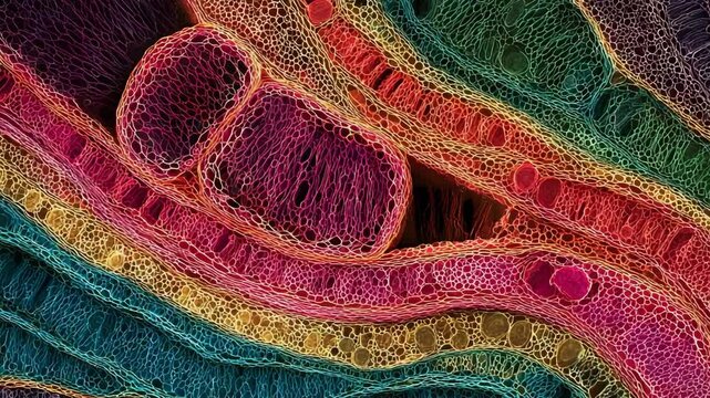 Colorful microscope image features section of biological tissue, intersecting cell walls and nuclei accentuated by glowing outlines in red, yellow, blue, and green