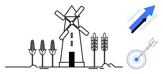 Windmill surrounded by corn and wheat symbolizes agriculture, growth, and sustainability. Blue arrows and target with dart suggest success, progress, and planning. Ideal for farming, green energy