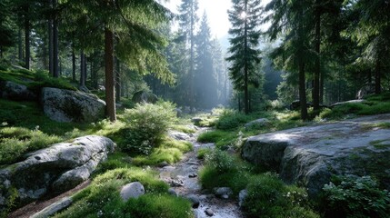 Obraz premium Lush Green Forest with Dense Foliage Cinematic HDR Nature Scene Sunlight Filtering Through Trees and Mossy Rocks Ground Covered in Wildflowers