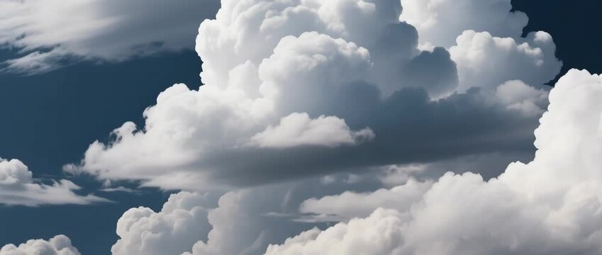 Bright, white fluffy cumulus clouds dot the blue summer sky high over the mountains