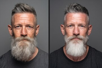 Side-by-side comparison of an older man with a full beard, showcasing beard color differences