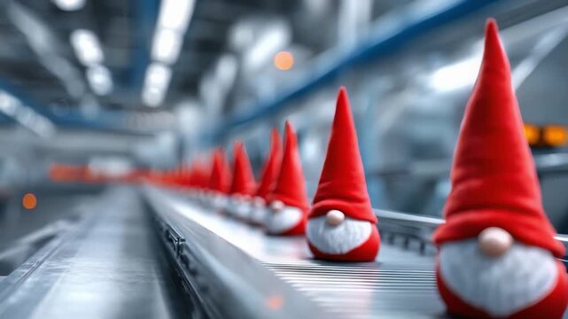 Row of red-hatted gnome figurines moving along a factory conveyor belt.