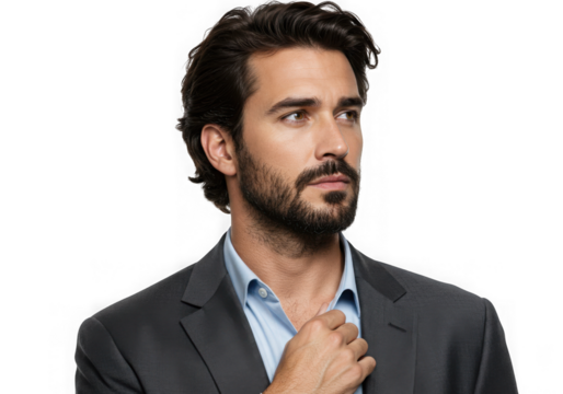 Man in suit adjusting collar isolated on transparent background