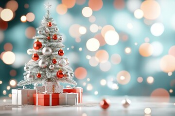 Festive white christmas tree with red ornaments and gifts against bokeh lights