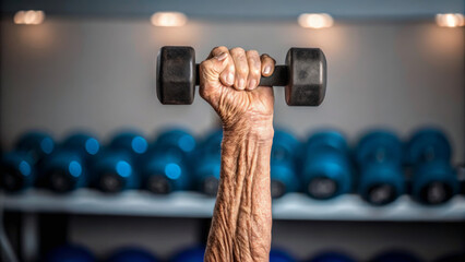 Inclusive fitness values diversity and participation. Strong hand lifting a dumbbell against a backdrop of blue weights, symbolizing fitness and strength.