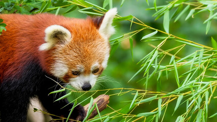 Red Panda Peeking Through Vibrant Green Bamboo Leaves