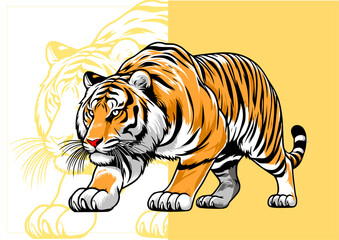 Minimalist line art illustration of a tiger walking gracefully, black contour on white background symbolizing courage and strength