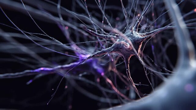 Electrical impulses travel along neuron pathways in brain, bright purple and blue signals surge through complex network of nerve fibers and synaptic connections