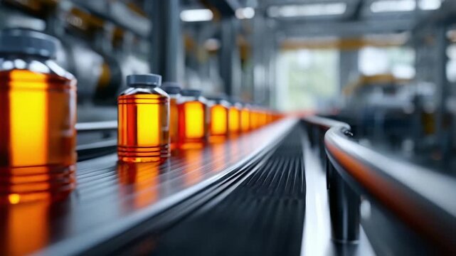 Amber glass medicine bottles on a conveyor belt in a pharmaceutical manufacturing line.