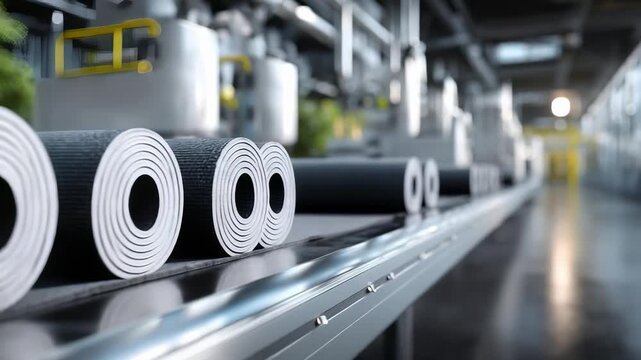 Rolled-up black rubber mats on a conveyor belt in a factory production line.