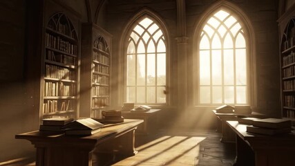 Ornate library interior with sunlight streaming through arched windows - Powered by Adobe