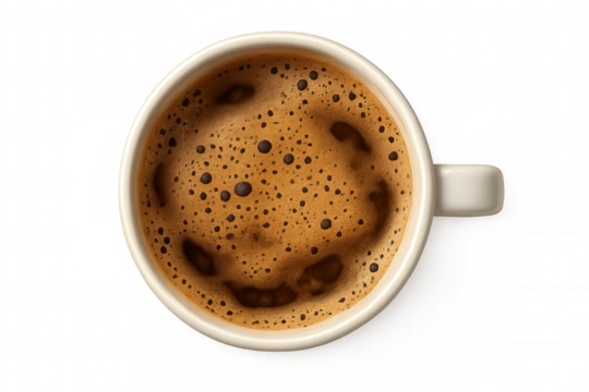 Cup of espresso coffee with frothy foam on top, isolated, high angle top view shot of hot caffeine drink