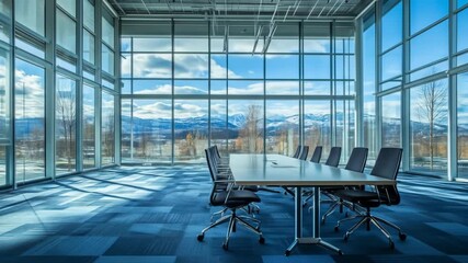 Modern conference room with mountain view in a corporate office