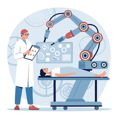 Vector art of a doctor overseeing a robotic surgery with advanced technology and precision, ensuring patient safety and innovative medical treatment