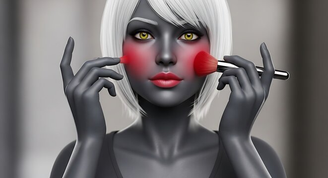 Fantasy character applying blush to cheeks