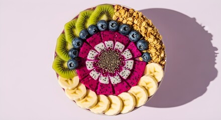 Overhead view of a vibrant fruit platter with kiwi, blueberries, bananas, and oats arranged in a circular pattern on a pink background with a shadow.