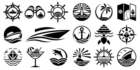 Black and white marine icons with navigation tools, palm trees, ships, and marine animals for vacation, travel, ocean exploration, and nautical themed graphic design resources