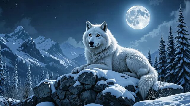 Majestic white wolf resting on snowy rocks under full moon and stars. Concept of wildlife freedom and nature strength