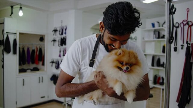Grooming professional gently cradles a fluffy Pomeranian dog, highlighting the bond between pet and groomer in a clean, well-equipped salon space filled with grooming tools