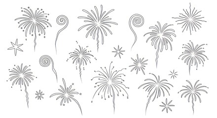 Delicate line art illustration showcasing celebratory fireworks and whimsical star elements on white