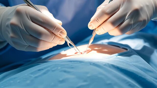 Hands of surgeons performing incision with scalpel on patient&rsquo;s skin in brightly lit operating room. Concept of modern surgical precision