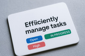 Efficiently manage task with progress labels and priority markers on white workflow card promoting efficient task management and productivity