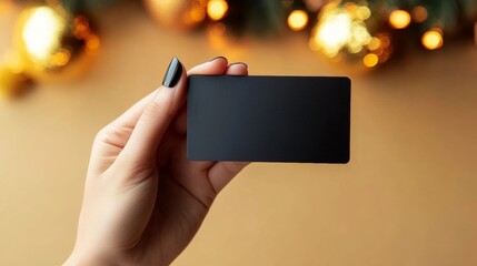 Hand holding a blank black card with festive holiday lights, ideal for season s greetings.
