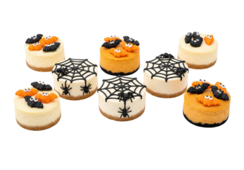 Festive Halloween Mini Cheesecakes with Spooky Bat & Spiderweb Decorations. Delicious Individual Desserts for Parties, Isolated on White.