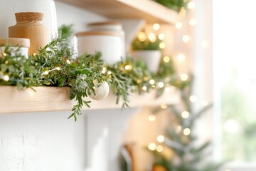 Cozy christmas kitchen with festive greenery and decor near sunlit window