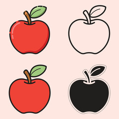 Cartoon vector illustration of a red apple with leaf. Includes colorful, outline, and solid versions. Perfect for food, fruit, healthy lifestyle, nutrition, and organic design projects.