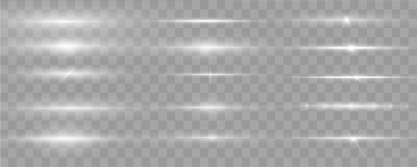 White glowing horizontal lines pack. Luminous streaks, shining beams. Beautiful abstract motion light. Sparkling linear effects for modern designs. © Vitalii