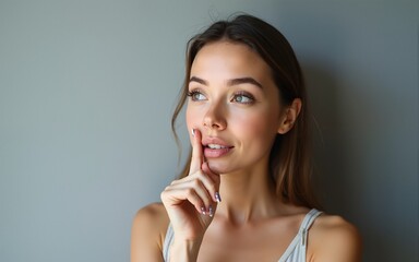 Dreamy female with thoughtful expression, looks to the camera, keeps hand near face, bitting a finger thinks about something pleasant, poses against gray wall. High quality