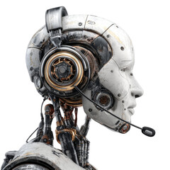 Fototapeta premium Cybernetic Communication: An advanced android, equipped with a headset, gazes with a blend of futuristic innovation and empathetic understanding.