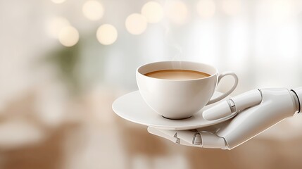 Fototapeta premium Robotic hand elegantly presents a steaming cup of coffee on a white saucer, set against a softly blurred background with warm bokeh lights, showcasing modern technology and hospitality